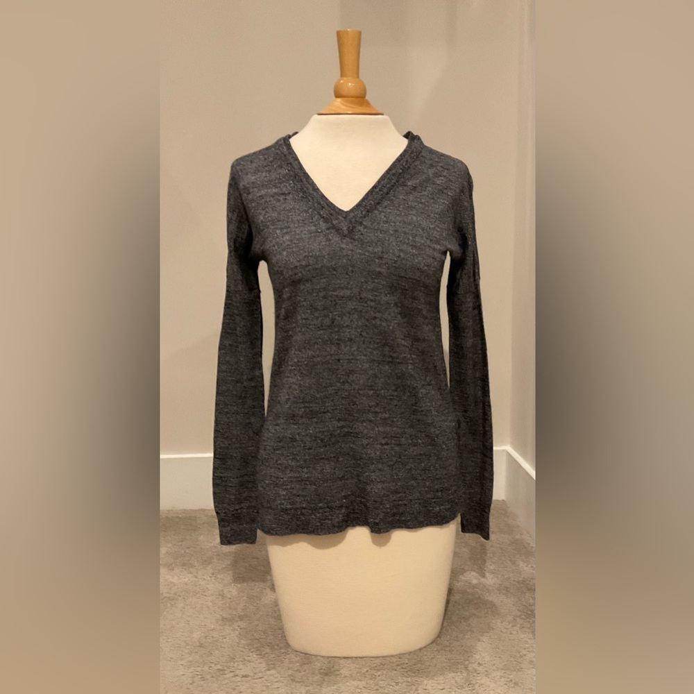 J. Crew Merino Wool/Linen V-Neck Sweater, Black/White Heather, Size XXS
